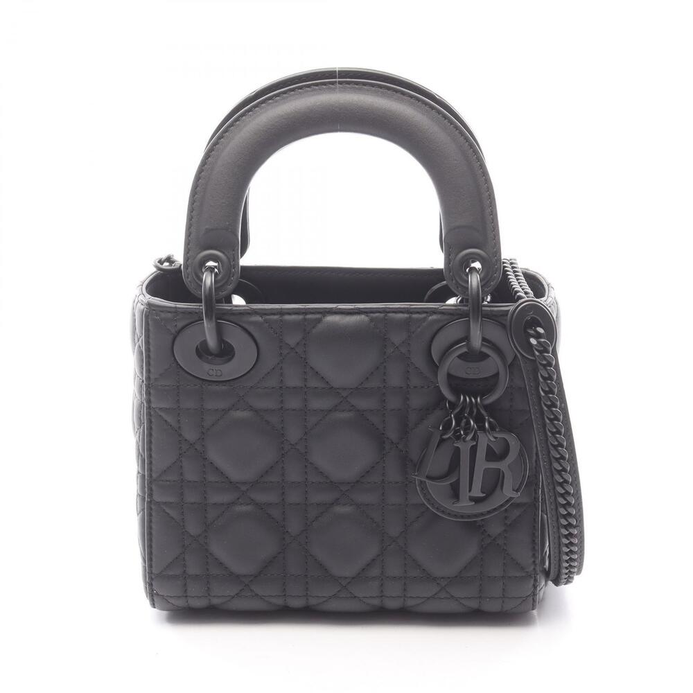 Christian Dior Lady Cannage Handbag Leather Black